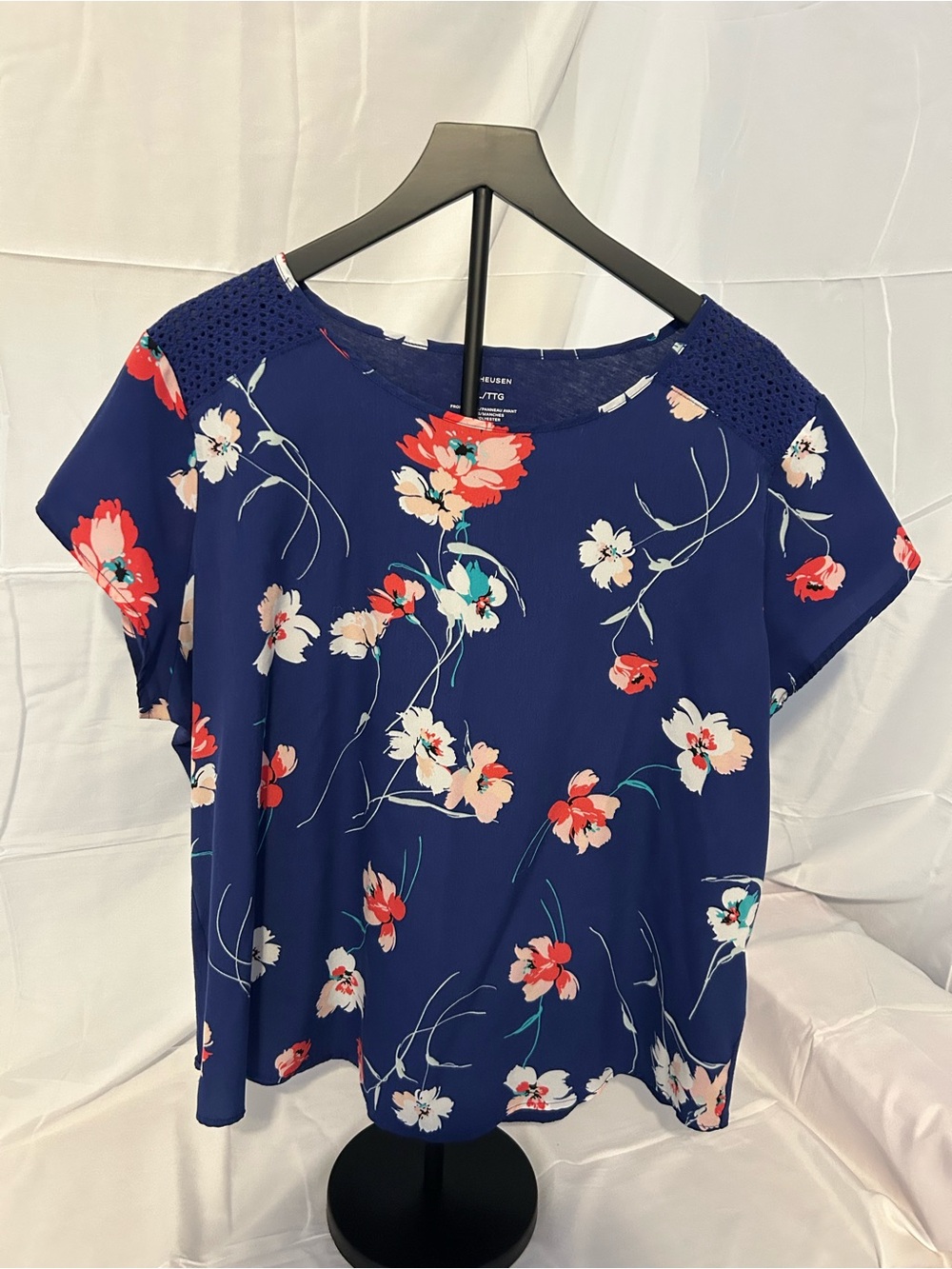 Van Heusen Navy Floral Short Sleeve Top with Coral Accents
